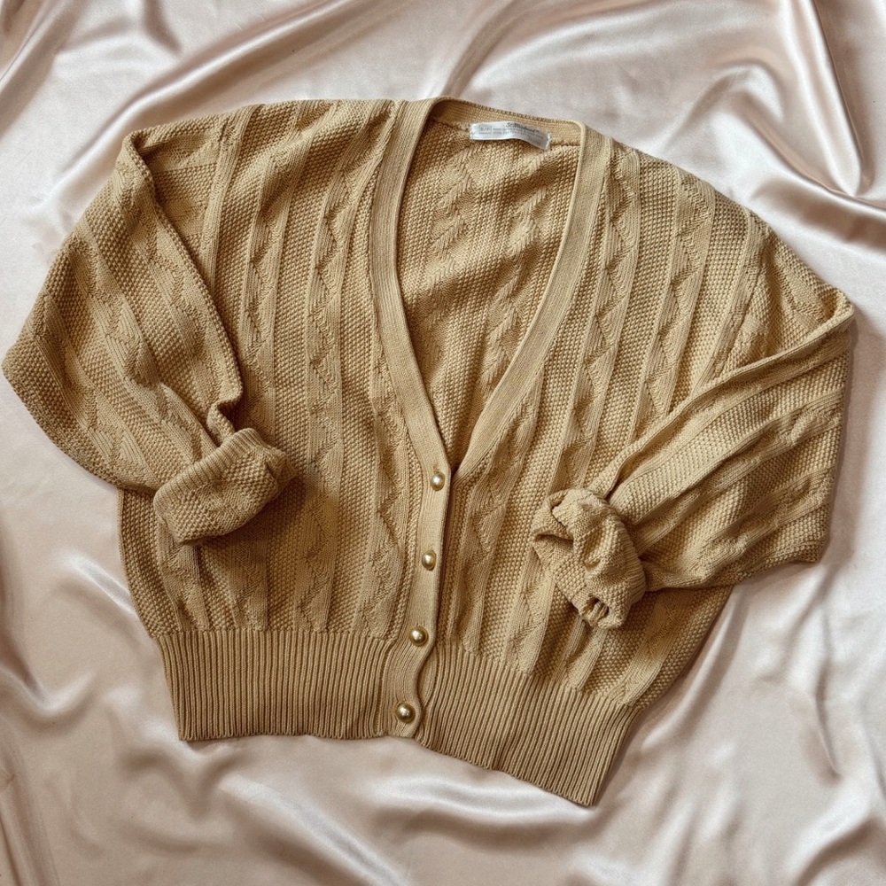 Vintage St. Michael Mustard Knit Cardigan | Cable Knit Cotton | Cropped Fit